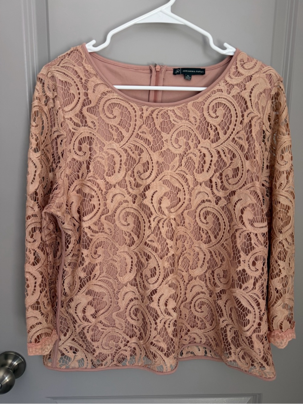 Adrianna Papell Women’s Pink Floral Lace Lined Ruffle Zip Blouse XL